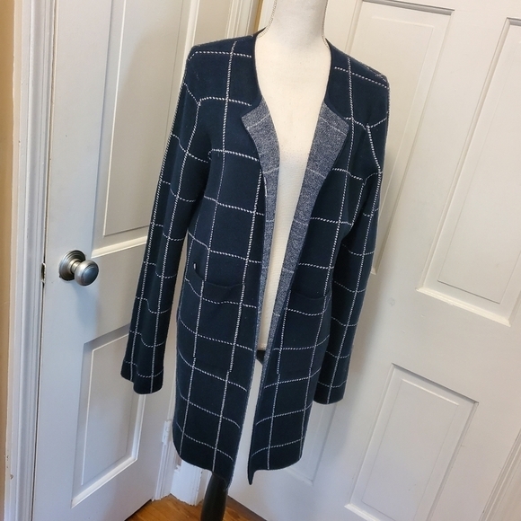 RAIN Navy & White Plaid Open Front Knit Cardigan Size Large - Picture 1 of 10